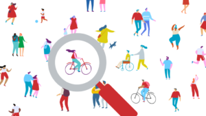 a graphic of lots of people on a white background with a magnifying glass hovering over a young woman on a bike