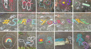 Chalk drawings on a pavement at the Share Your Rare exhibition at the Subatomic Circus